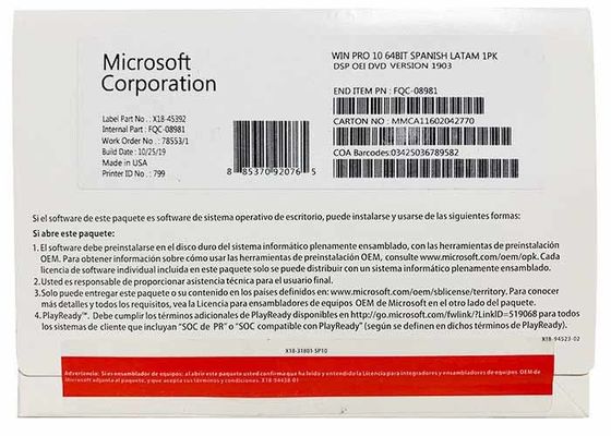 Versão inglesa mordida do OEM DVD do profissional 64 de Microsoft Windows 10 da transferência de Digitas